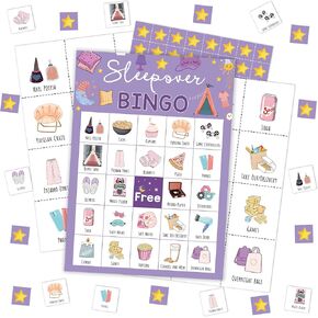 Sleepover Party Bingo Card, Slumber Party Bingo Game for Adults Large Group Family Friends, Pajama Party Bingo Set, Spa Party Supplies Decorations, Holiday Games for 24 Players -02