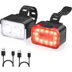 RIDWIND Bike Lights for Night Riding, IPX6 Waterproof Bicycle Lights Front and Rear Rechargeable, 5+6 Modes Bike Headlight and Tail Light Set, 300 Lumen Super Bright Bicycle Lights for Kids Adults