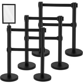 6 Pcs Crowd Control Stanchions Set Stainless Steel Barrier Post with Dual Retractable Belt 9.8 ft and 1 Sign Holder Crowd Control Barrier Safety Barrier Stand Line Dividers Stanchion Post