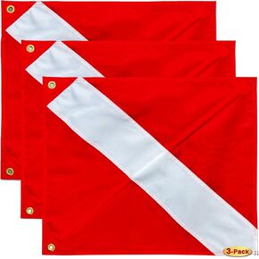 3 Pack Diver Down Flag with Removable Stiffening Pole 20 x 24 Inch- Nylon Red whithe Warning Diving Flag For Scuba Diving Spearfishing Freediving | Use with Float, Buoy, Boat