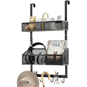 Over The Door Hooks Organizer: Hanging Back of Door Storage Organizer - Waterproof Heavy Duty Door Hanger Towel Rack with 7 Coat Hooks and 2 Mesh Baskets for Bathroom Bedroom and Kitchen (Black)