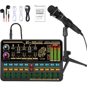 Podcast Equipment Bundle, Basic Audio Interface with Mic and Stand, Denosing, Ducking, Remove Vocals, Loopback, Easy Used Podcast Equipment Bundle for KTV,Streaming,Podcasting