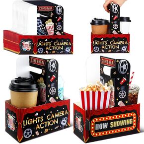 20 Pieces Movie Night Snack Trays Drink Carrier with Handles Movie Night Party Supplies Kraft Snack Trays Food Drink Carrier Nacho Popcorn Food Drink Holder for Movie Night Birthday Party
