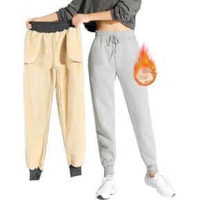 Womens Winter Sherpa Fleece Lined Sweatpants, High Waist Stretchy Thick Cashmere Jogger Pants Plush Warm Thermal Pants
