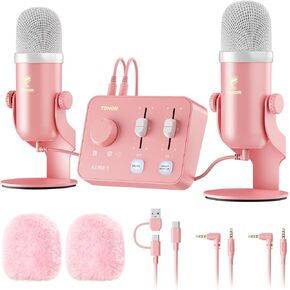 TONOR ASMR Microphone Equipment Bundle with Audio Interface, Immersive 3D Stereo Audio, Dual Condenser Mics with Audio Mixer, Clear Sound, Volume Control, with Furry Windscreens, Set for ASMR, Pink