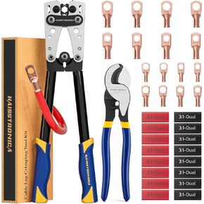 haisstronica Automotive Battery Cable Lug Crimping Tool Kit for 8, 6, 4, 2, 1, 1/0 AWG Battery Terminals Heavy Duty Battery Cable Ends Crimper with Cable Cutters,32PCS Copper Lugs,Heat Shrink Tubing