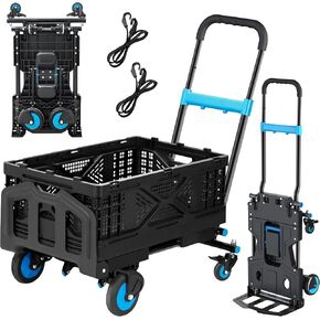 Upgrade Folding Hand Truck Dolly, 660 LB Capacity Portable Dolly Cart with Rubber Wheels and Brake, 2-in-1 Heavy Duty Hand Truck with Retractable Handle and Bungee Cords for Transport, Moving
