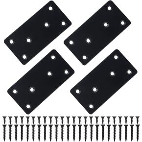 4 Pcs Flat Mending Plate, 1.5''x3.1'' Black Stainless Steel Metal Flat Straight Brace Bracket, Fixing Brace Joining Plates for Furniture, Wood, Shelves, Cabinet with 2 Different Lengths of Screws