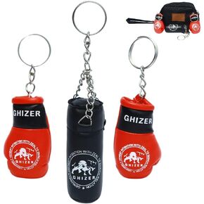 Unisex Mini Sports Boxing Gloves Three Keychain Set with Pouch One Black Punching Bag Keyring Pair of Red Boxing Gloves Metal Ring Boxing Novelty Items Boxing Gear Gift Holiday Season Ornaments