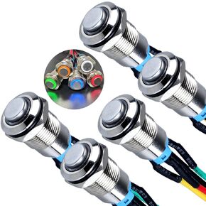 5Pcs 12mm Metal Raised Head Latching Push Button Switch Waterproof Anti-Vandal Silver Shell with 15cm Cable 12V-24V 1NO ON/Off for 1/2" Mounting Hole with Halo Ring Blue LED