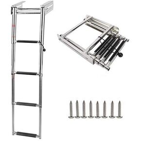 4 Steps Telescoping Drop Ladder Marine Boat Ladder Stainless Steel Telescoping Ladder Slide Under Platform Mount Boarding Ladder with Mounting Screws & Retaining Rope