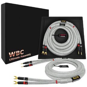 WORLDS BEST CABLES 6 Foot Ultimate - 9 AWG - Ultra-Pure OFC - Premium Audiophile HiFi Speaker Cable Pair with Eminence Gold Banana (x2) & Spade (x2) Plugs & Silver Tweed Jacket