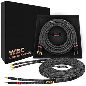 WORLDS BEST CABLES 12 Foot Ultimate - 12 AWG - Ultra-Pure OFC - Premium Audiophile HiFi Speaker Cable Pair with Eminence Gold Banana (x2) & Spade (x2) Plugs & Carbon Tweed Jacket