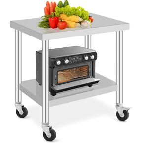 Stainless Steel Table with Caster Wheels, Food Prep Table for Kitchen, Commercial Heavy Duty Metal Table with Adjustable Undershel, Stainless Steel Work Table for Laundry and Hotel (30" x 18")