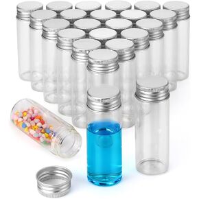 24Pcs 40ml Empty Tiny Jars Small Glass Vials with Lids Lab Sample Vials Refillable Mini Glass Bottles with Silver Aluminum Screw Caps for DIY Crafts Essential Oils Storage Wedding Decoration