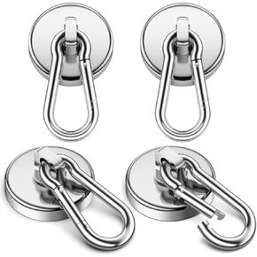 VNDUEEY Strong Magnetic Hooks, 100Lbs 4 Pack Neodymium Grade-52 Magnet Hooks Heavy Duty with Swivel Carabiner Hook for Hanging, Cruise, Garage, Refrigerator, Kitchen, Office, Home
