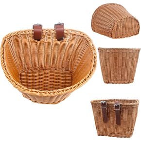 .Bicycle Basket, Front Handlebar Bike Basket, Rattan Storage Basket Waterproof, Vintage Wicker, with Tan Leather Straps,Light Brown, 11 * 8.5 * 8 inches
