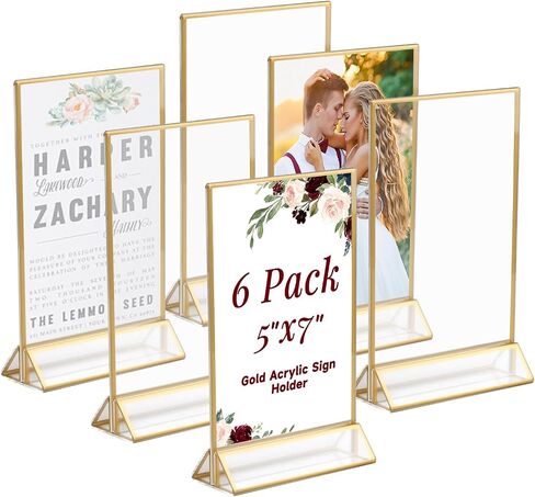 Gold Acrylic Sign Holder 5x7 Inch, 6 Pack Gold Acrylic Picture Frames, Clear Double Sided Menu Holder, Wedding Table Number Frames Vertical for Wedding Reception, Party Decoration,Restaurant Signs in Saudi Arabia