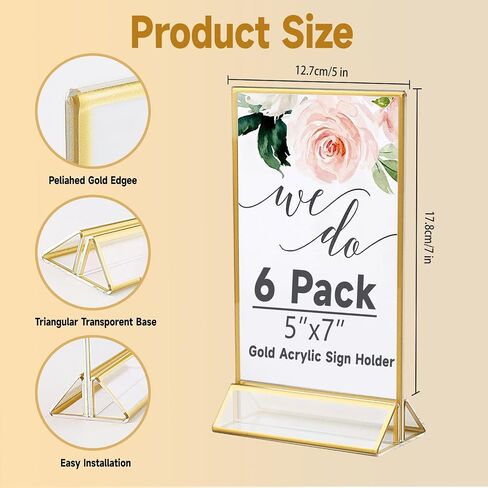 Gold Acrylic Sign Holder 5x7 Inch, 6 Pack Gold Acrylic Picture Frames, Clear Double Sided Menu Holder, Wedding Table Number Frames Vertical for Wedding Reception, Party Decoration,Restaurant Signs in Saudi Arabia