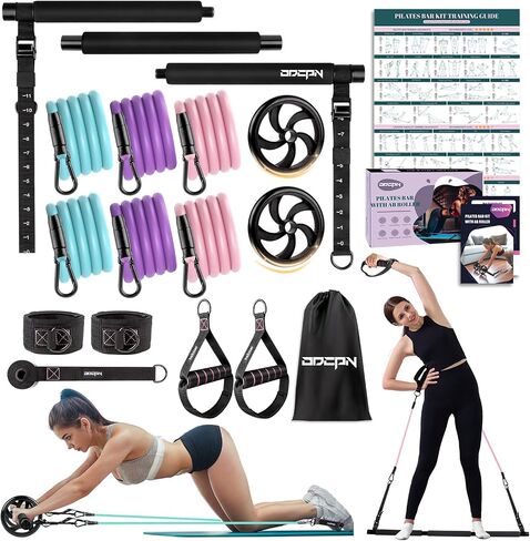 Pilates Bar Kit with Resistance Bands, Multifunctinal Exercise Bar with Ab Roller for Pilates/Abs/Weight Loss, Portable Home Gym Pilates bar kit for Full Body Training Women in Saudi Arabia