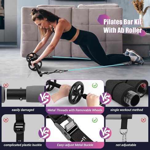 Pilates Bar Kit with Resistance Bands, Multifunctinal Exercise Bar with Ab Roller for Pilates/Abs/Weight Loss, Portable Home Gym Pilates bar kit for Full Body Training Women in Saudi Arabia