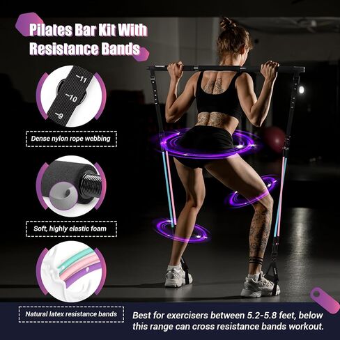 Pilates Bar Kit with Resistance Bands, Multifunctinal Exercise Bar with Ab Roller for Pilates/Abs/Weight Loss, Portable Home Gym Pilates bar kit for Full Body Training Women in Saudi Arabia