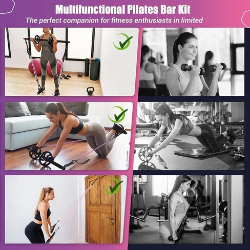 Pilates Bar Kit with Resistance Bands, Multifunctinal Exercise Bar with Ab Roller for Pilates/Abs/Weight Loss, Portable Home Gym Pilates bar kit for Full Body Training Women in Saudi Arabia