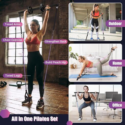 Pilates Bar Kit with Resistance Bands, Multifunctinal Exercise Bar with Ab Roller for Pilates/Abs/Weight Loss, Portable Home Gym Pilates bar kit for Full Body Training Women in Saudi Arabia