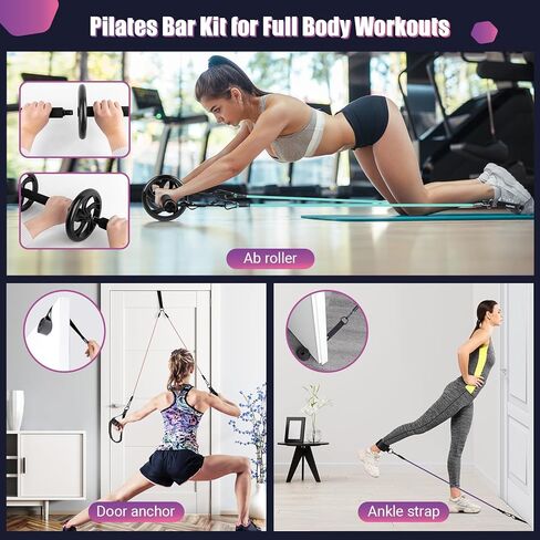 Pilates Bar Kit with Resistance Bands, Multifunctinal Exercise Bar with Ab Roller for Pilates/Abs/Weight Loss, Portable Home Gym Pilates bar kit for Full Body Training Women in Saudi Arabia