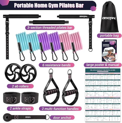 Pilates Bar Kit with Resistance Bands, Multifunctinal Exercise Bar with Ab Roller for Pilates/Abs/Weight Loss, Portable Home Gym Pilates bar kit for Full Body Training Women in Saudi Arabia