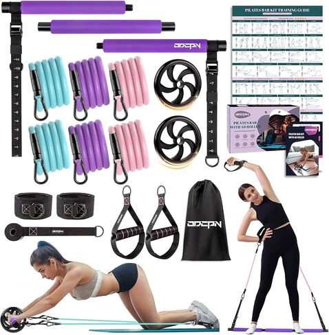 Pilates Bar Kit with Resistance Bands, Multifunctinal Exercise Bar with Ab Roller for Pilates/Abs/Weight Loss, Portable Home Gym Pilates bar kit for Full Body Training Women in Saudi Arabia