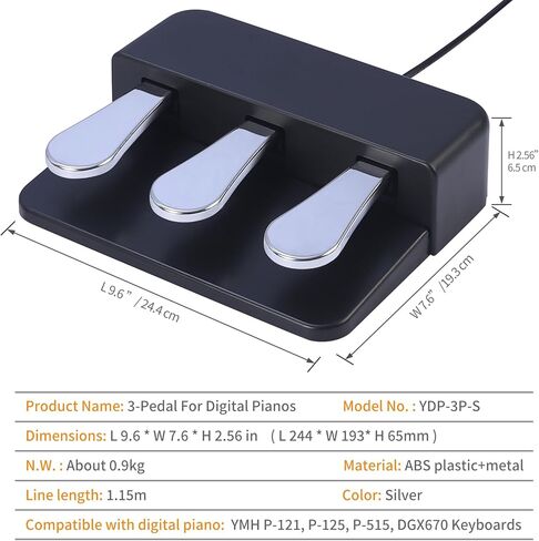 Portable 3-Pedal Board unit for Electric pianos keyboards, Soft & Sostenuto & Sustain pedal 3-Pedal Compatible With Yamaha P125 P121 P515 DGX670 Digital pianos keyboards (Black + Silver) in Saudi Arabia