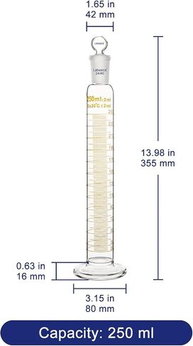 Graduated Cylinder with Stopper, 250 ml Borosilicate Glass Measuring Cylinder with 24/40 Standard Ground Joint Stopper, Durable Laboratory Glassware for Accurate Liquid Measurement in Saudi Arabia