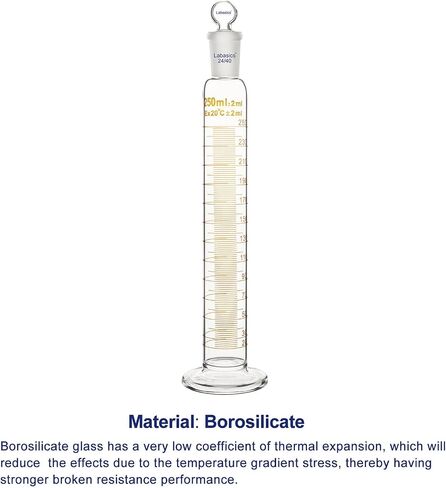 Graduated Cylinder with Stopper, 250 ml Borosilicate Glass Measuring Cylinder with 24/40 Standard Ground Joint Stopper, Durable Laboratory Glassware for Accurate Liquid Measurement in Saudi Arabia