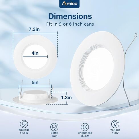 Amico 24 Pack 5/6 inch 5CCT LED Recessed Lighting, Dimmable, 12.5W=100W, 950LM, 2700K/3000K/4000K/5000K/6000K Selectable, Retrofit Can Lights with Baffle Trim, IC Rated - ETL & FCC, White in Saudi Arabia