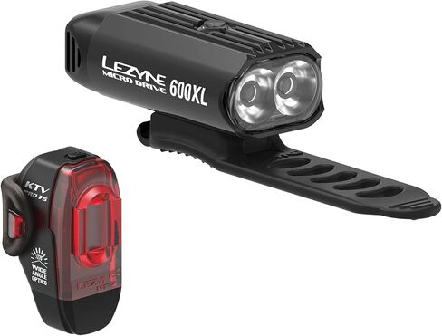 مجموعة مصابيح الدراجة Lezyne Micro Drive 600XL وKTV Drive Pro، زوج أمامي وخلفي، LED أبيض/أحمر، 600/75 لومن، الطريق، الجبل، دراجة الحصى، قابلة لإعادة الشحن عبر USB، أسود in Kuwait