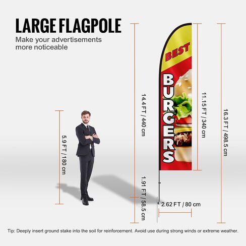 VEVOR Burgers Feather Flag with Pole Kit, 16.3 Feet Advertising Flags for Business Outside with Fiberglass Pole Ground Stake, Restaurant Swooper Flag Banner Pole Kit, Best Burgers Feather Flag in Saudi Arabia