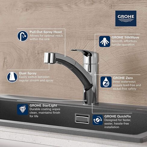 GROHE 30306DC1 Eurosmart Dual Spray Pull-Out Kitchen Faucet with sprayer Supersteel (Stainless Steel) in Saudi Arabia