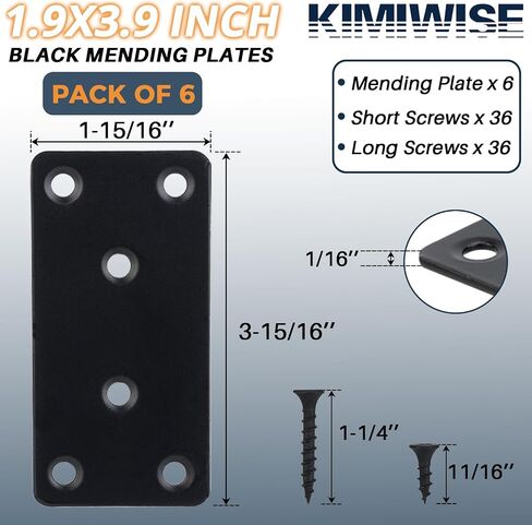 4 Pcs Flat Mending Plate, 1.5''x3.1'' Black Stainless Steel Metal Flat Straight Brace Bracket, Fixing Brace Joining Plates for Furniture, Wood, Shelves, Cabinet with 2 Different Lengths of Screws in Kuwait
