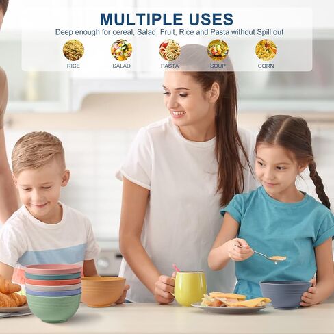 HOTEC Unbreakable Wheat Straw Cereal Bowls - Microwave & Dishwasher Safe Soup and Salad Bowls, Set of 8, 26oz, BPA Free, Multicolor in Kuwait