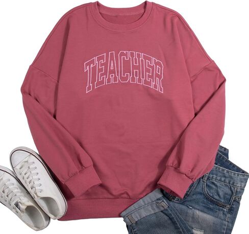 BANGELY Teacher Sweatshirt Women Oversized Retro Teach Crewneck Shirt Embroidery Teacher Life Pullover Long Sleeve Tops in Kuwait