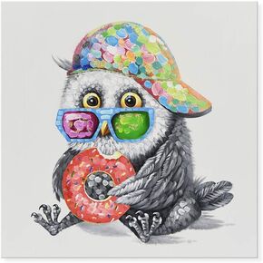 JAPO ART Animal Adorable Funny Owl Eats Doughnut Hand Painted Oil Painting with Stretched Framed Canvas Wall Art for Living Room Bedroom Home Decor 24 x 24 Inch