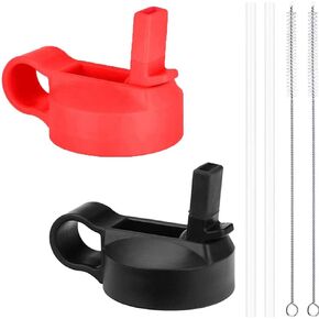 Wide Mouth Straw Lids Compatible with Most Sports Water Bottles, 2 Lids 2 Long Straws 2 Brushes in 1 Value Pack.(Black x2)