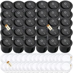 40PCS Round Switch Red AC 6A 250V 10A 125V 2 Pin ON/Off I/O SPST Snap in Mini Boat Rocker Switch with 7.68Inch 20Awg Cable & Boat Waterproof Caps