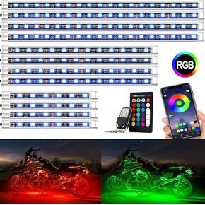 12Pcs Motorcycle LED Light Kit with APP IR RF Wireless Remote Controllers Multicolor Waterproof Motorcycle Underglow Kit Music Sync RGB Strips Light for Harley Honda Kawasaki Yamaha Suzuki