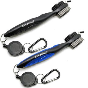 Pack of 2 Golf Club Brush and Groove Cleaner Brush Brushes for Golf Shoes/Golf Club/Golf/Golf Groove, Attach 2 feet Retractable Zip-line Aluminum Carabiner (Black+Blue)