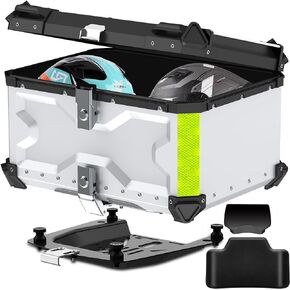 Motorcycle Top Case, [Heavy Duty] Aluminum Universal Motorbike Tail Box Trunk Tour Storage with Security Lock for Helmet Luggage, Waterproof Motorcycle Top Box with Back Cushion