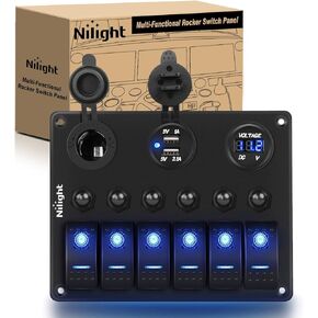 Nilight 6 Gang ON Off Rocker Switch Panel 12V Voltmeter Dual USB Charger Cigarette Lighter Socket For RV Truck Boat , 2 Years Warranty