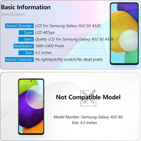 شاشة بديلة لشاشة Samsung Galaxy A52 5G لهاتف Samsung A52 5G A526U A526T A526V SM-A526A A526B A526U1 A526W مجموعة محول رقمي لشاشة LCD تعمل باللمس مع عدة (مع إطار) in Kuwait