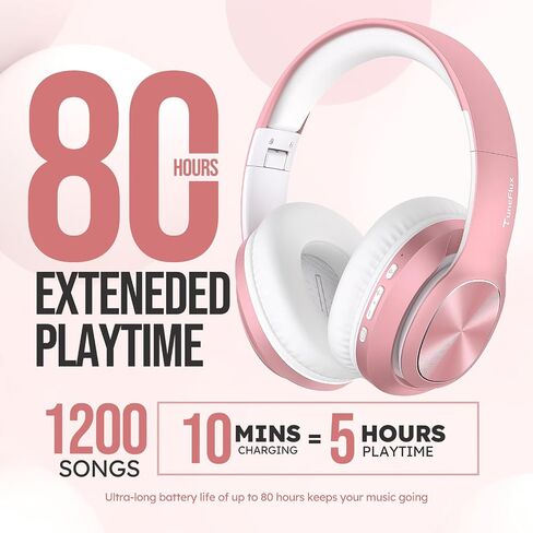 TuneFlux Wireless Bluetooth Headphones Over Ear, 80H Playtime, 3EQ Sound Modes, HiFi Stereo Headphones with Deep Bass, Foldable Bluetooth 5.3 Headsets for Smartphone/PC/Computer-Rose Gold in Kuwait